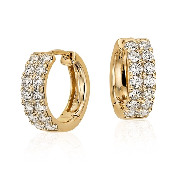 Two Row Yellow Gold Plated Mens Iced Cz Sterling Silver Huggie Hoop Earrings - Picture 1 of 5